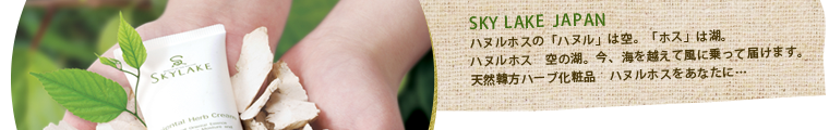 SKY LAKE  JAPAN ハヌルホスの「ハヌル」は空。「ホス」は湖。
ハヌルホス　空の湖。今、海を越えて風に乗って届けます。天然韓方ハーブ化粧品　ハヌルホスをあなたに…